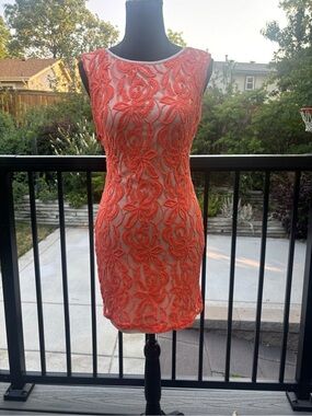 Ark & Co Coral-Orange Floral Lace Dress